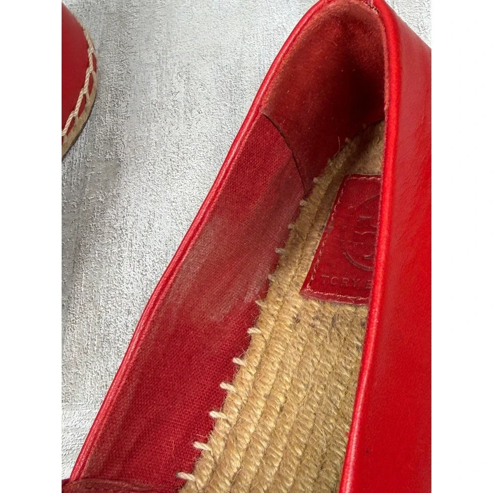 Tory Burch Ines Red Leather Espadrille Flats Double T Logo 52035 Womens 6.5M
